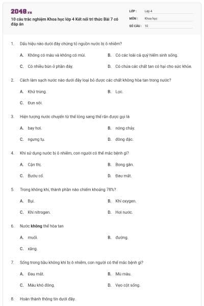 10 câu trắc nghiệm Khoa học lớp 4 Kết nối tri thức Bài 7 có đáp án