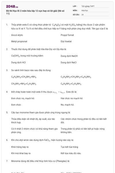 Đề thi Học Kì 2 môn hóa lớp 12 cực hay có lời giải (Đề số 11)