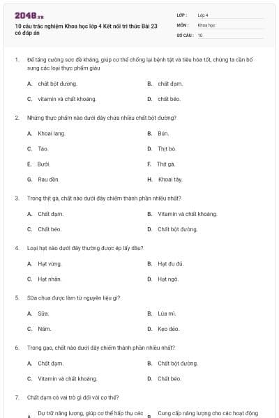 10 câu trắc nghiệm Khoa học lớp 4 Kết nối tri thức Bài 23 có đáp án