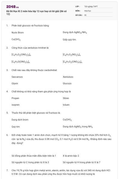 Đề thi Học Kì 2 môn hóa lớp 12 cực hay có lời giải (Đề số 12)