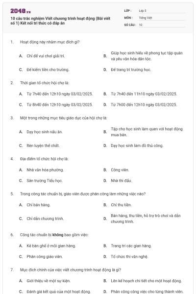 10 câu trắc nghiệm Viết chương trình hoạt động (Bài viết số 1) Kết nối tri thức có đáp án