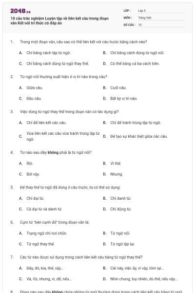 10 câu trắc nghiệm Luyện tập về liên kết câu trong đoạn văn Kết nối tri thức có đáp án