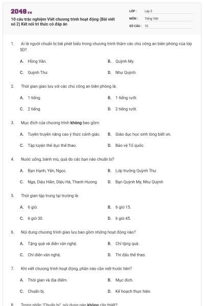10 câu trắc nghiệm Viết chương trình hoạt động (Bài viết số 2) Kết nối tri thức có đáp án