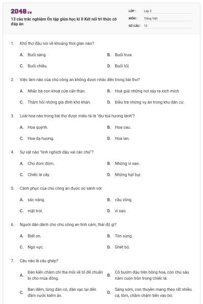 13 câu trắc nghiệm Ôn tập giữa học kì II Kết nối tri thức có đáp án