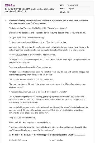 Đề thi thử THPTQG năm 2019 chuẩn cấu trúc của bộ giáo dục có đáp án (Đề số 18)