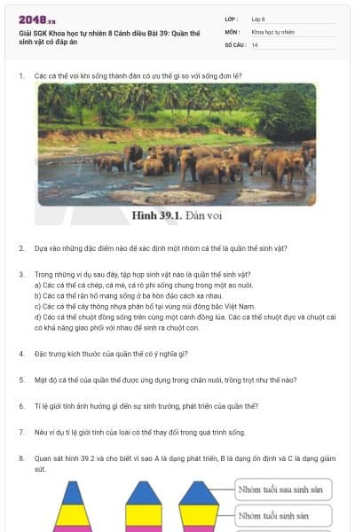 Giải SGK Khoa học tự nhiên 8 Cánh diều Bài 39: Quần thể sinh vật có đáp án