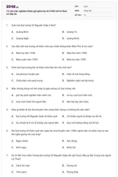 12 câu trắc nghiệm Đánh giá giữa học kì II Kết nối tri thức có đáp án