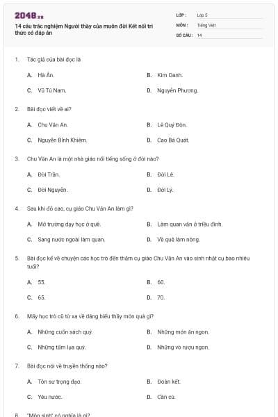 14 câu trắc nghiệm Người thầy của muôn đời Kết nối tri thức có đáp án