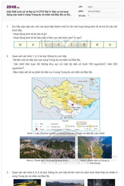 Giải SGK Lịch sử và Địa Lý 4 CTST Bài 5: Dân cư và hoạt động sản xuất ở vùng Trung du và miền núi Bắc Bộ có đáp án