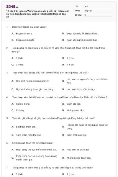 10 câu trắc nghiệm Viết đoạn văn nêu ý kiến tán thành một sự việc, hiện tượng (Bài viết số 1) Kết nối tri thức có đáp án