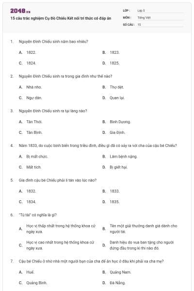 15 câu trắc nghiệm Cụ Đồ Chiểu Kết nối tri thức có đáp án