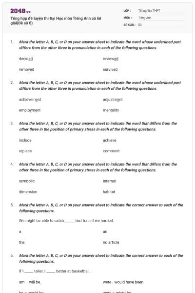 Tổng hợp đề luyện thi Đại Học môn Tiếng Anh có lời giải(Đề số 6)