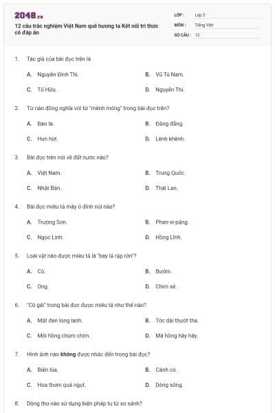 12 câu trắc nghiệm Việt Nam quê hương ta Kết nối tri thức có đáp án