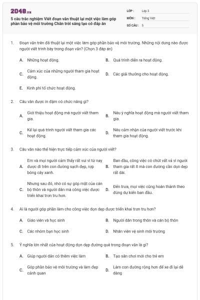 5 câu trắc nghiệm Viết đoạn văn thuật lại một việc làm góp phần bảo vệ môi trường Chân trời sáng tạo có đáp án