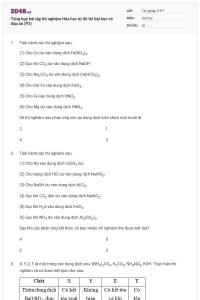 Tổng hợp bài tập thí nghiệm Hóa học từ đề thi Đại học có đáp án (P2)