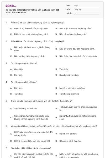 12 câu trắc nghiệm Luyện viết bài văn tả phong cảnh Kết nối tri thức có đáp án