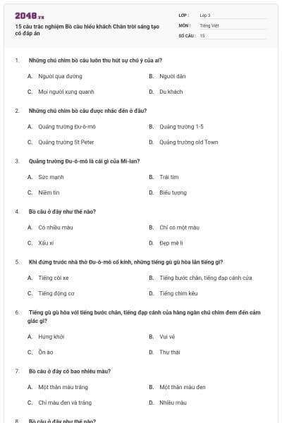 15 câu trắc nghiệm Bồ câu hiếu khách Chân trời sáng tạo có đáp án