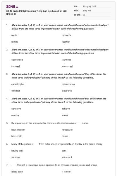 30 đề luyện thi Đại Học môn Tiếng Anh cực hay có lời giải (Đề số 3)