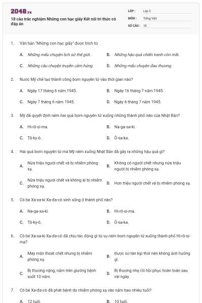 18 câu trắc nghiệm Những con hạc giấy Kết nối tri thức có đáp án