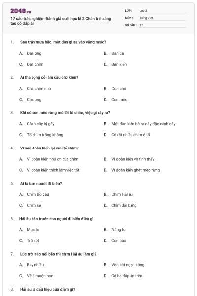 17 câu trắc nghiệm Đánh giá cuối học kì 2 Chân trời sáng tạo có đáp án