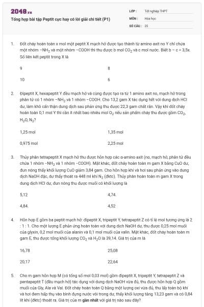 Tổng hợp bài tập Peptit cực hay có lời giải chi tiết (P1)