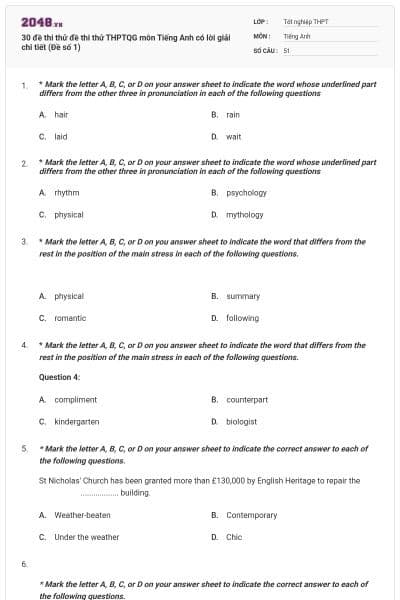 30 đề thi thử đề thi thử THPTQG môn Tiếng Anh có lời giải chi tiết (Đề số 1)