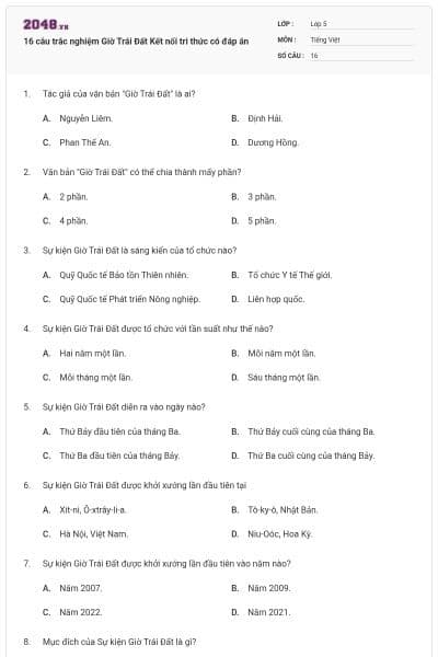 16 câu trắc nghiệm Giờ Trái Đất Kết nối tri thức có đáp án