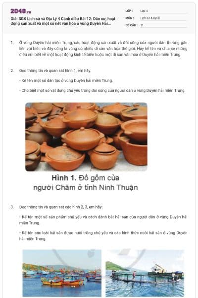 Giải SGK Lịch sử và Địa Lý 4 Cánh diều Bài 12: Dân cư, hoạt động sản xuất và một số nét văn hóa ở vùng Duyên Hải miền Trung có đáp án