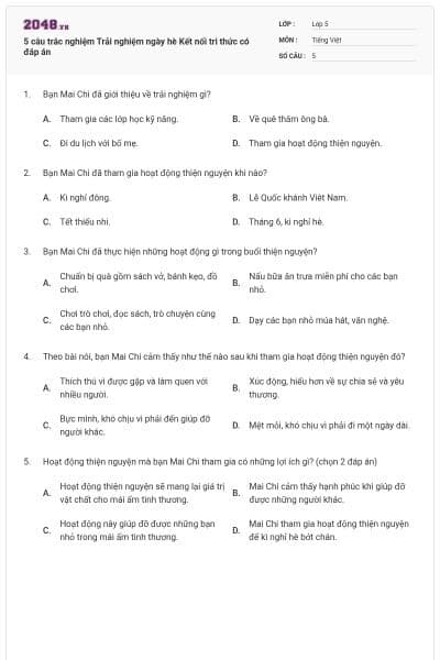 5 câu trắc nghiệm Trải nghiệm ngày hè Kết nối tri thức có đáp án