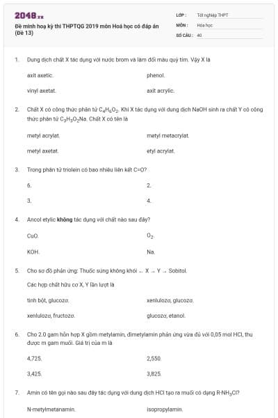 Đề minh hoạ kỳ thi THPTQG 2019 môn Hoá học có đáp án (Đề 13)