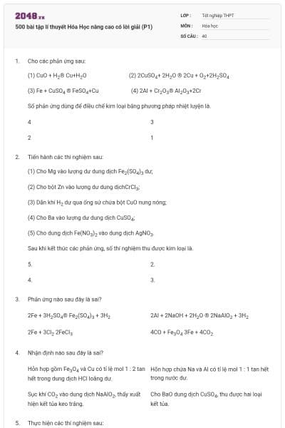 500 bài tập lí thuyết Hóa Học nâng cao có lời giải (P1)