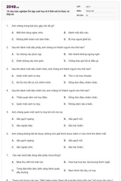 10 câu trắc nghiệm Ôn tập cuối học kì II Kết nối tri thức có đáp án