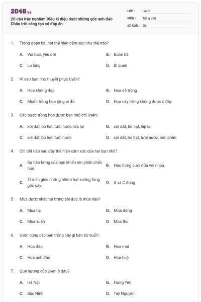 20 câu trắc nghiệm Điều kì diệu dưới những gốc anh đào Chân trời sáng tạo có đáp án
