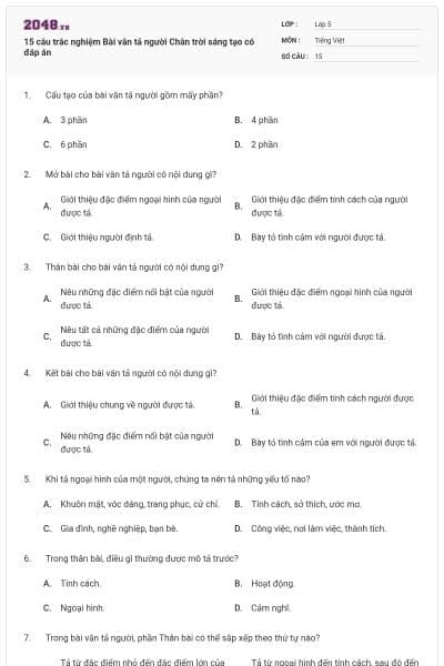 15 câu trắc nghiệm Bài văn tả người Chân trời sáng tạo có đáp án