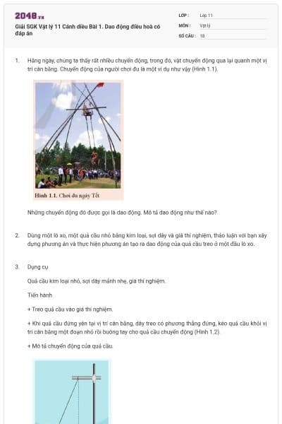 Giải SGK Vật lý 11 Cánh diều Bài 1. Dao động điều hoà có đáp án