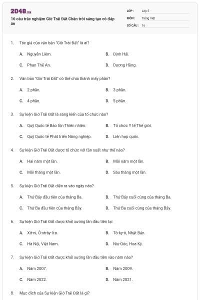 16 câu trắc nghiệm Giờ Trái Đất Chân trời sáng tạo có đáp án