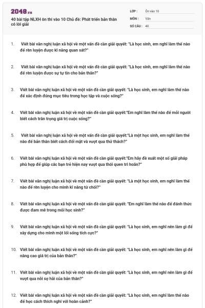 40 bài tập NLXH ôn thi vào 10 Chủ đề: Phát triển bản thân có lời giải