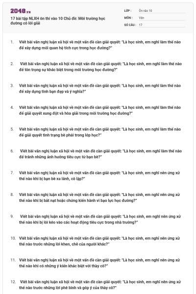 17 bài tập NLXH ôn thi vào 10 Chủ đề: Môi trường học đường có lời giải