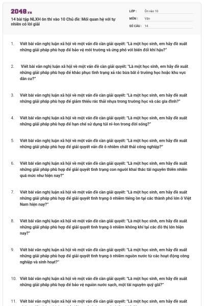 14 bài tập NLXH ôn thi vào 10 Chủ đề: Mối quan hệ với tự nhiên có lời giải