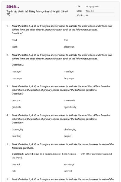 Tuyển tập đề thi thử Tiếng Anh cực hay có lời giải (Đề số 21)