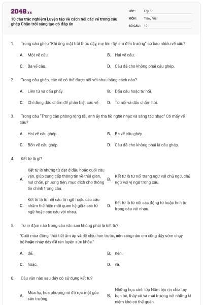 10 câu trắc nghiệm Luyện tập về cách nối các vế trong câu ghép Chân trời sáng tạo có đáp án