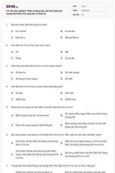 14 câu trắc nghiệm Thiên đường của các loài động vật hoang dã Chân trời sáng tạo có đáp án