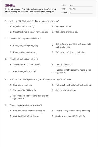 5 câu trắc nghiệm Trao đổi ý kiến với người thân Trồng và chăm sóc cây cối, vật nuôi Chân trời sáng tạo có đáp án
