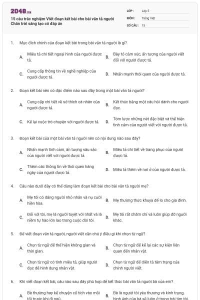 15 câu trắc nghiệm Viết đoạn kết bài cho bài văn tả người Chân trời sáng tạo có đáp án