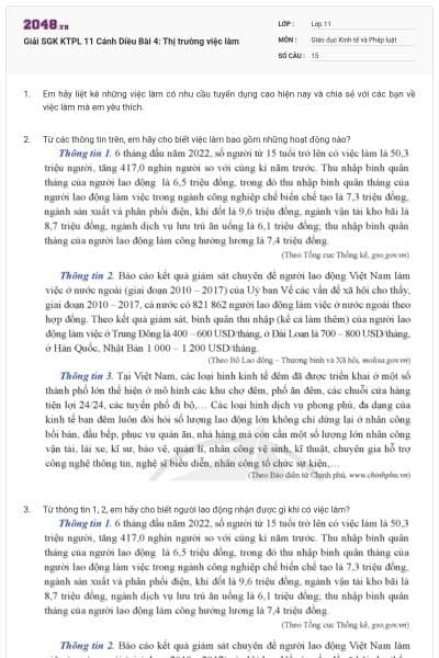 Giải SGK KTPL 11 Cánh Diều Bài 4: Thị trường việc làm