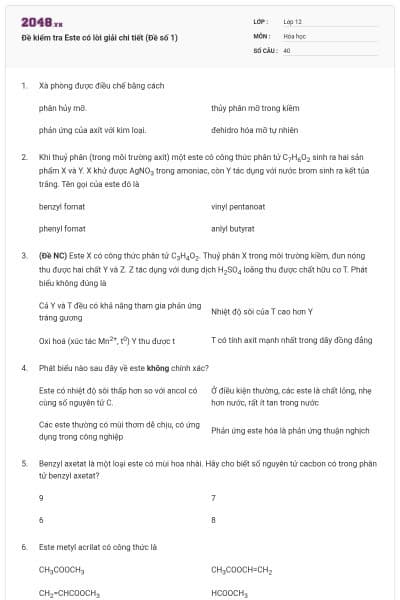 Đề kiểm tra Este có lời giải chi tiết (Đề số 1)