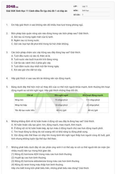 Giải SGK Sinh Học 11 Cánh diều Ôn tập chủ đề 1 có đáp án