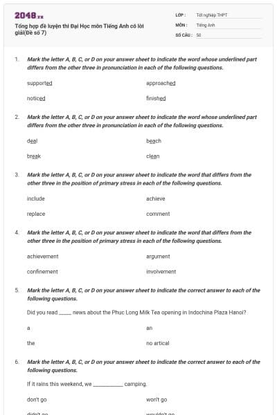Tổng hợp đề luyện thi Đại Học môn Tiếng Anh có lời giải(Đề số 7)