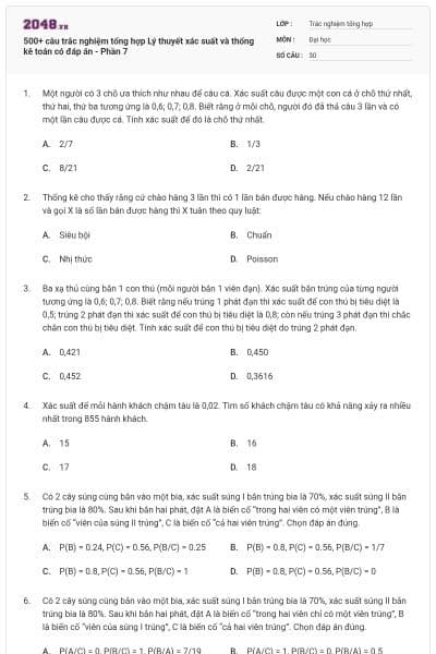 500+ câu trắc nghiệm tổng hợp Lý thuyết xác suất và thống kê toán có đáp án - Phần 7