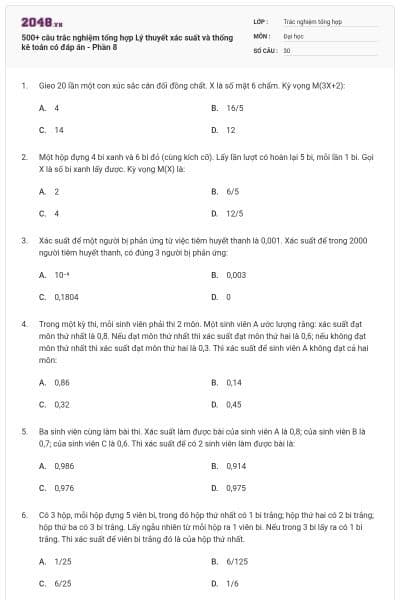 500+ câu trắc nghiệm tổng hợp Lý thuyết xác suất và thống kê toán có đáp án - Phần 8